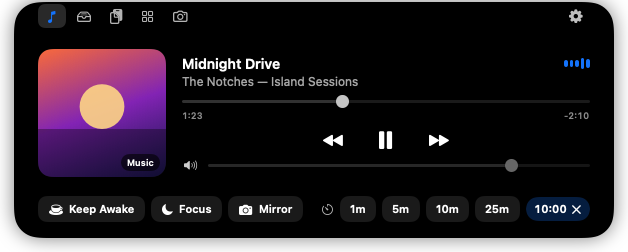 SmartNotch open, showing Now Playing with album art, scrub bar and playback controls