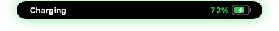Collapsed notch reading Charging, with 72% and a green battery filling up with a lightning bolt